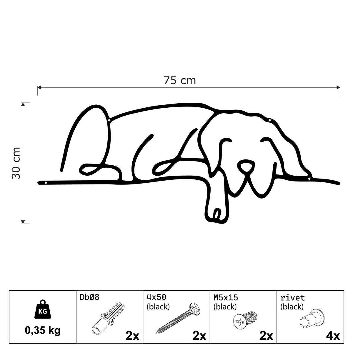 Chien endormi en métal noir, décoration murale allongée, vue 4
