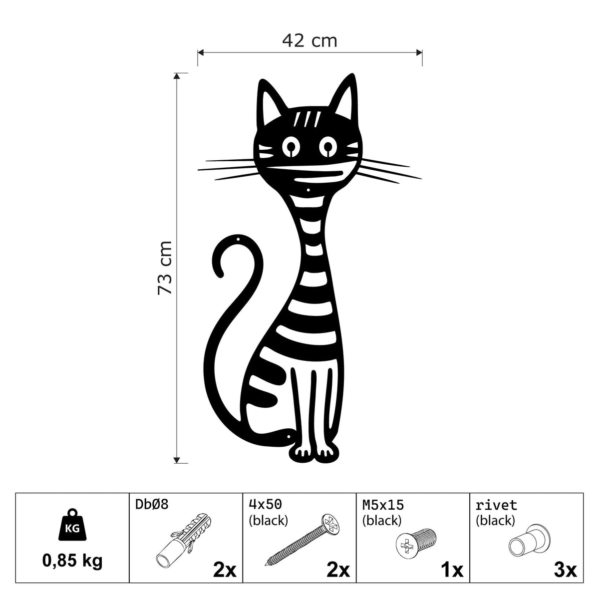 Chat rayé au long cou en métal noir, déco murale amusante, vue 5