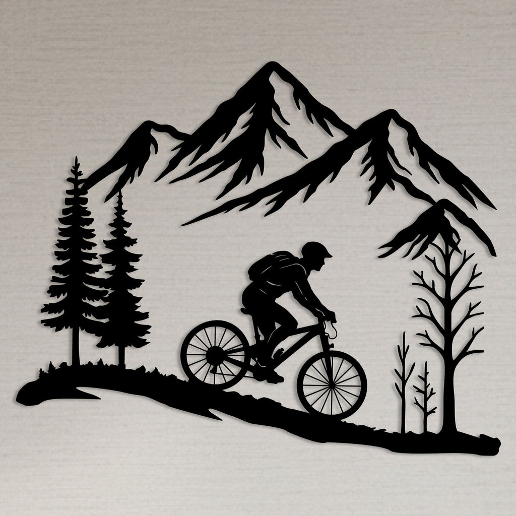 Cycliste en VTT dans la montagne, déco murale en métal noir