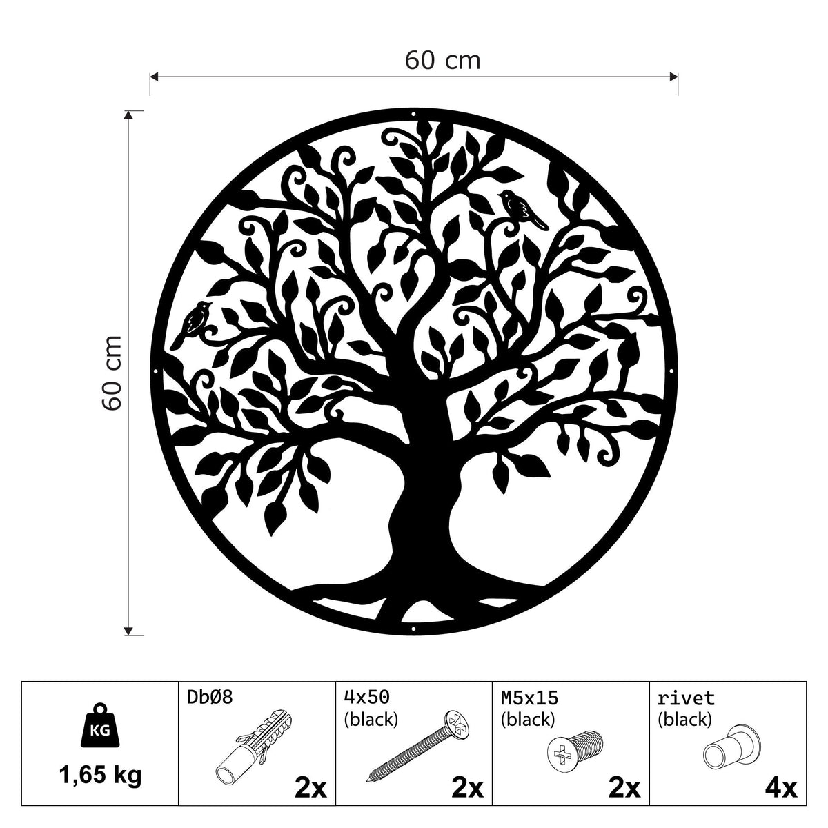 Arbre de vie rond aux oiseaux en métal noir, déco murale, vue 7