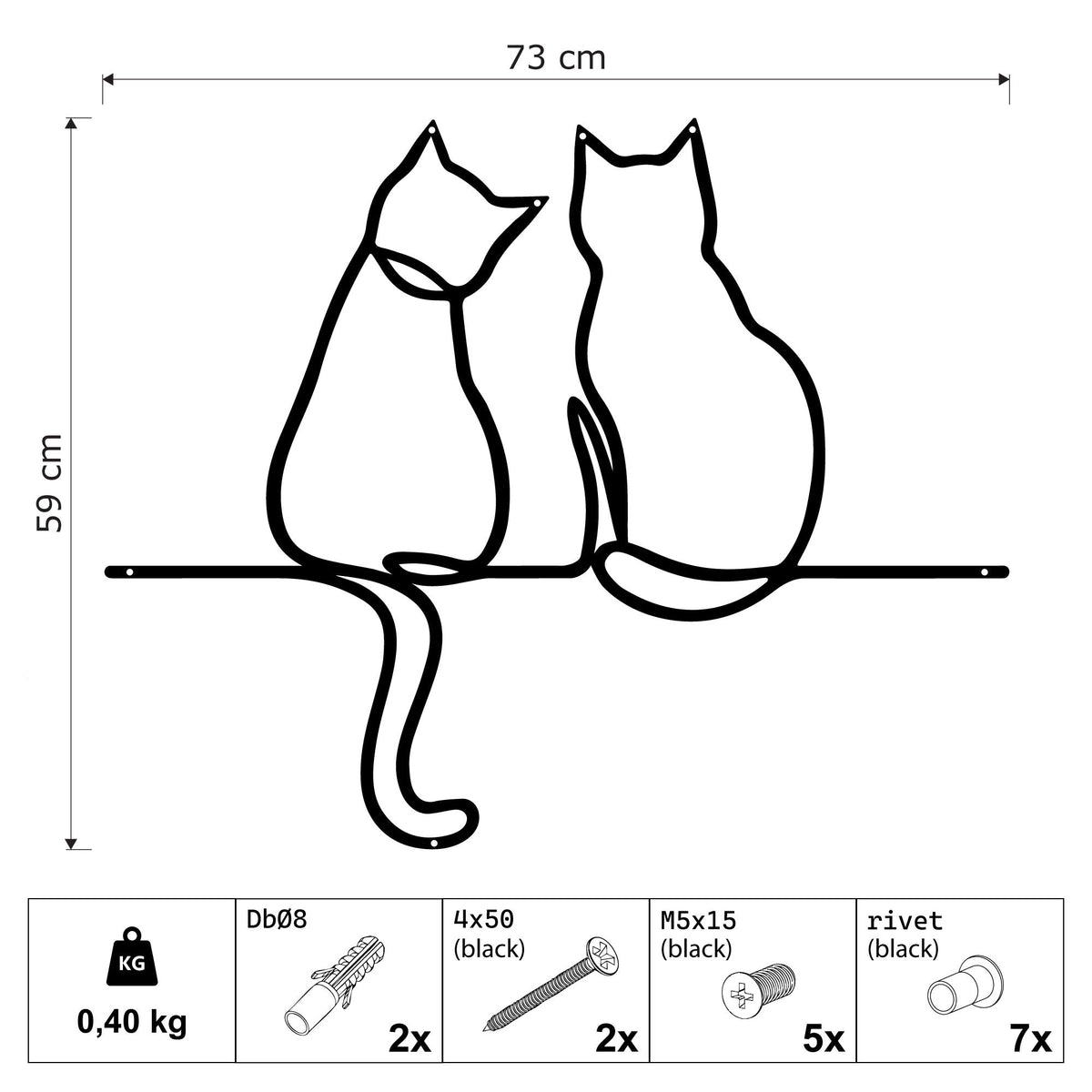 Deux chats assis ensemble, décoration murale en métal noir, vue 4