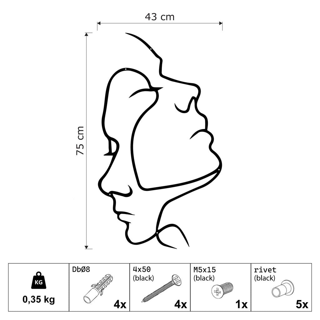 Deux visages en trait continu, décoration murale en métal noir, vue 4