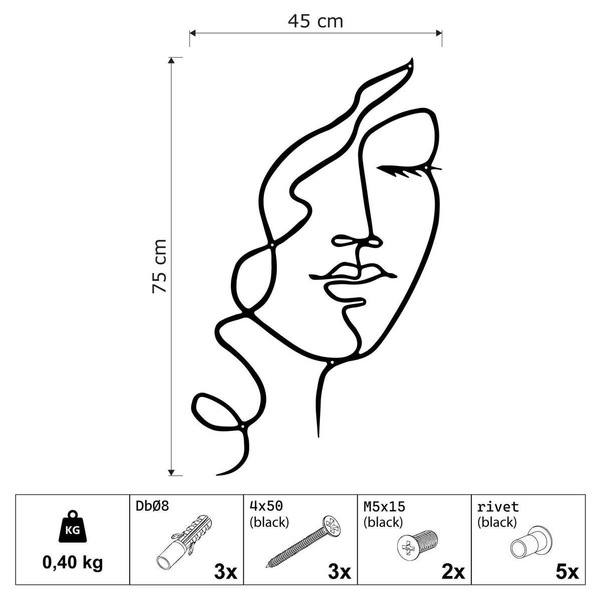 Visage de femme aux cheveux bouclés en métal noir, line art, vue 5