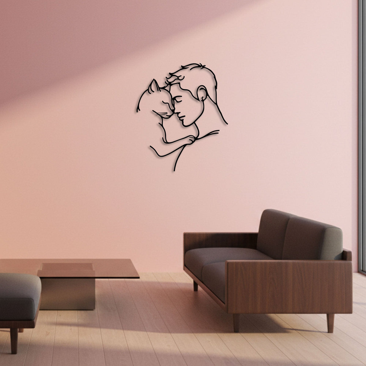 Homme et chat front contre front, déco murale en métal noir, vue 4