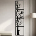 Arbre et hibou en métal noir, déco murale verticale 4 panneaux