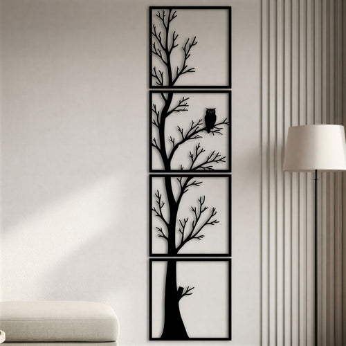 Arbre et hibou en métal noir, déco murale verticale 4 panneaux