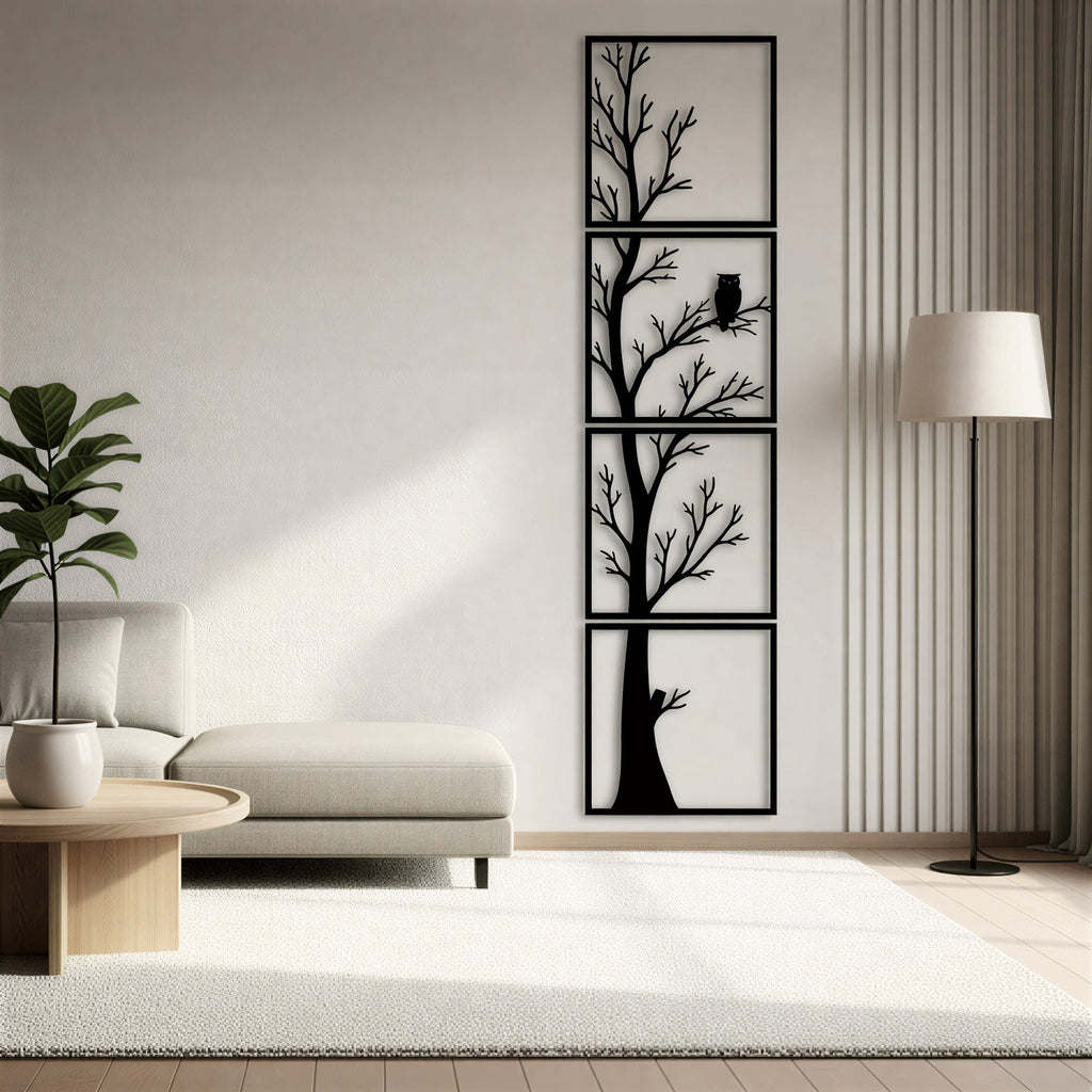 Arbre et hibou en métal noir, déco murale verticale 4 panneaux, vue 2