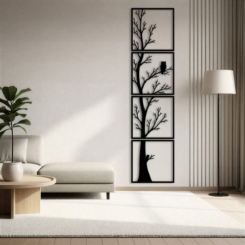 Arbre et hibou en métal noir, déco murale verticale 4 panneaux, vue 2