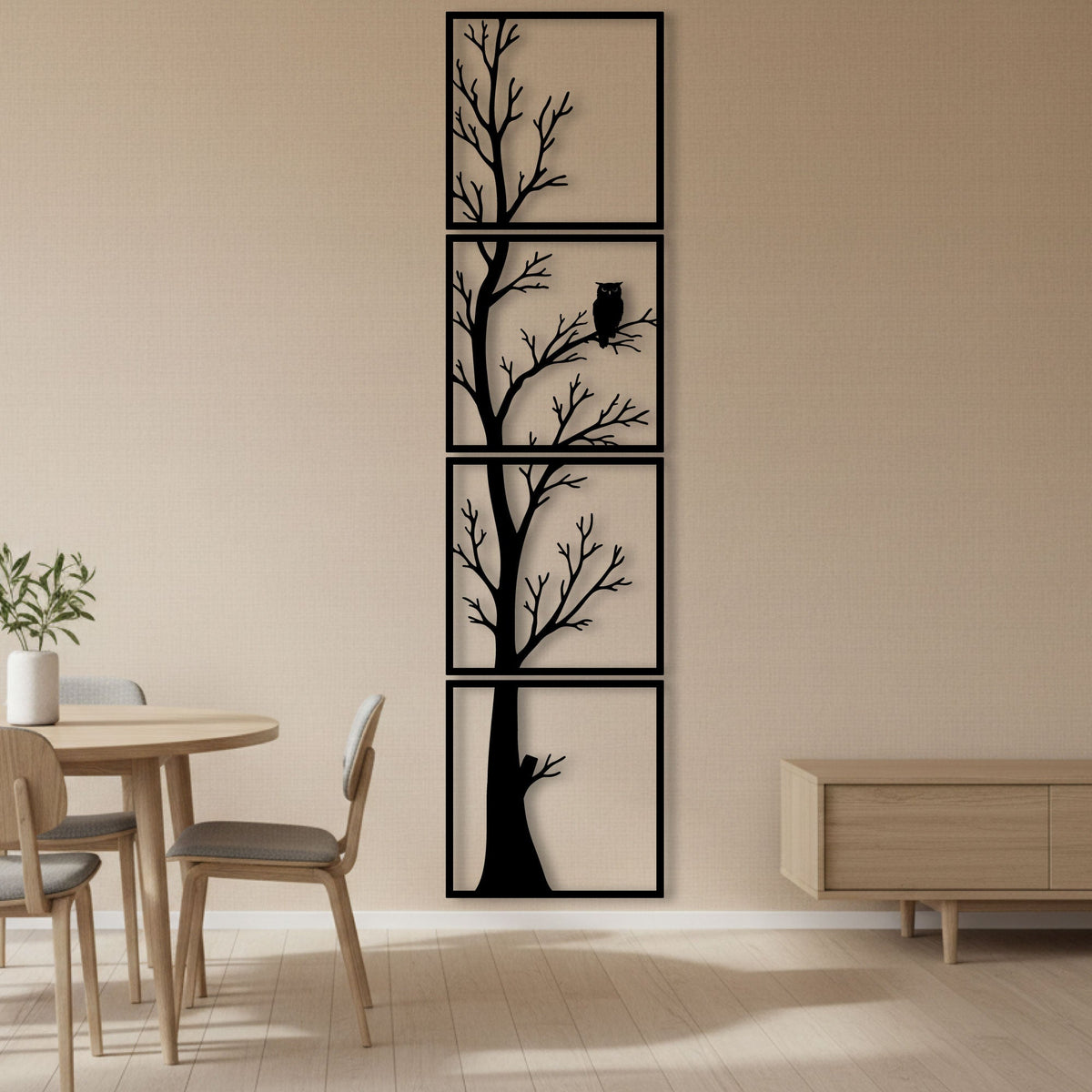 Arbre et hibou en métal noir, déco murale verticale 4 panneaux, vue 3