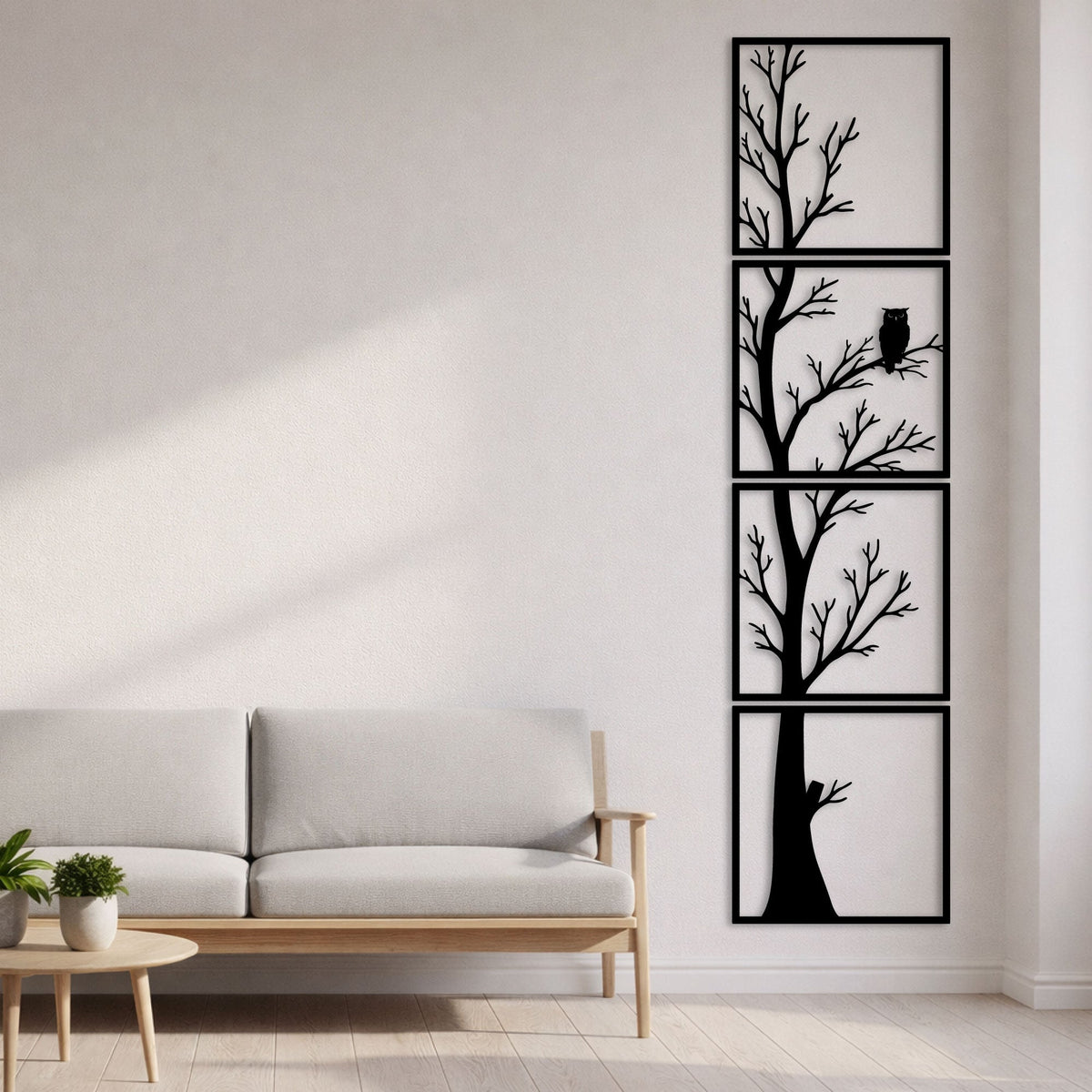 Arbre et hibou en métal noir, déco murale verticale 4 panneaux, vue 4