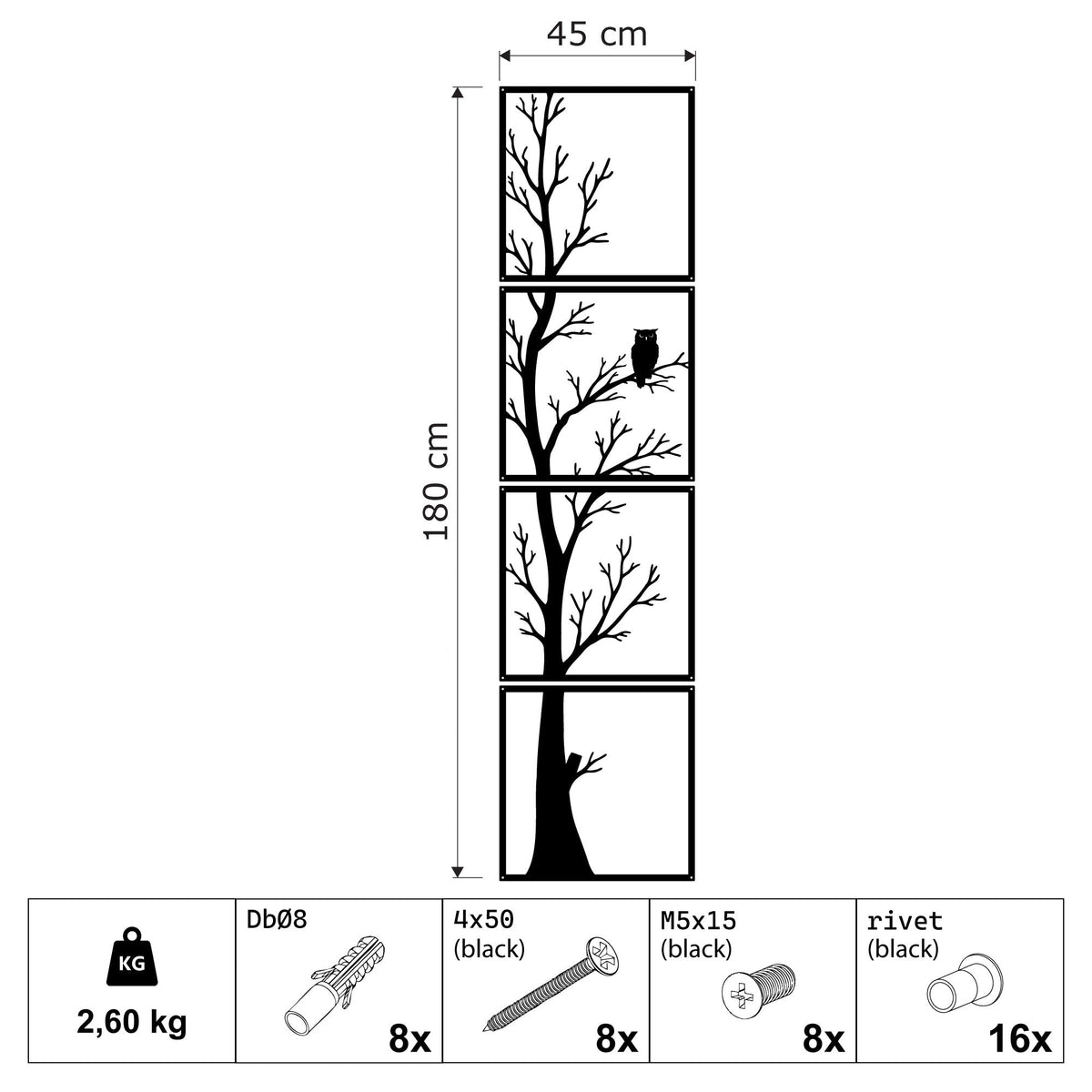 Arbre et hibou en métal noir, déco murale verticale 4 panneaux, vue 5