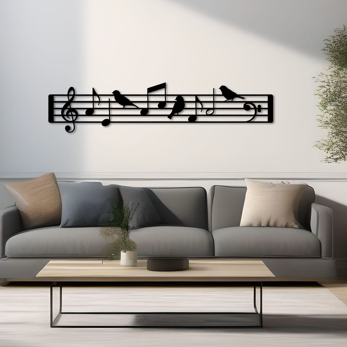 Portée musicale aux oiseaux en métal noir, déco panoramique, vue 4