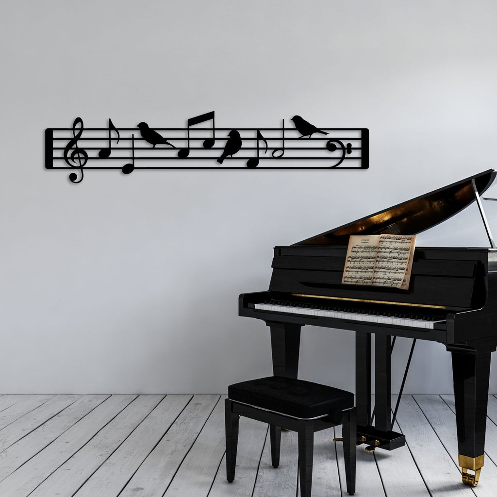Portée musicale aux oiseaux en métal noir, déco panoramique, vue 3