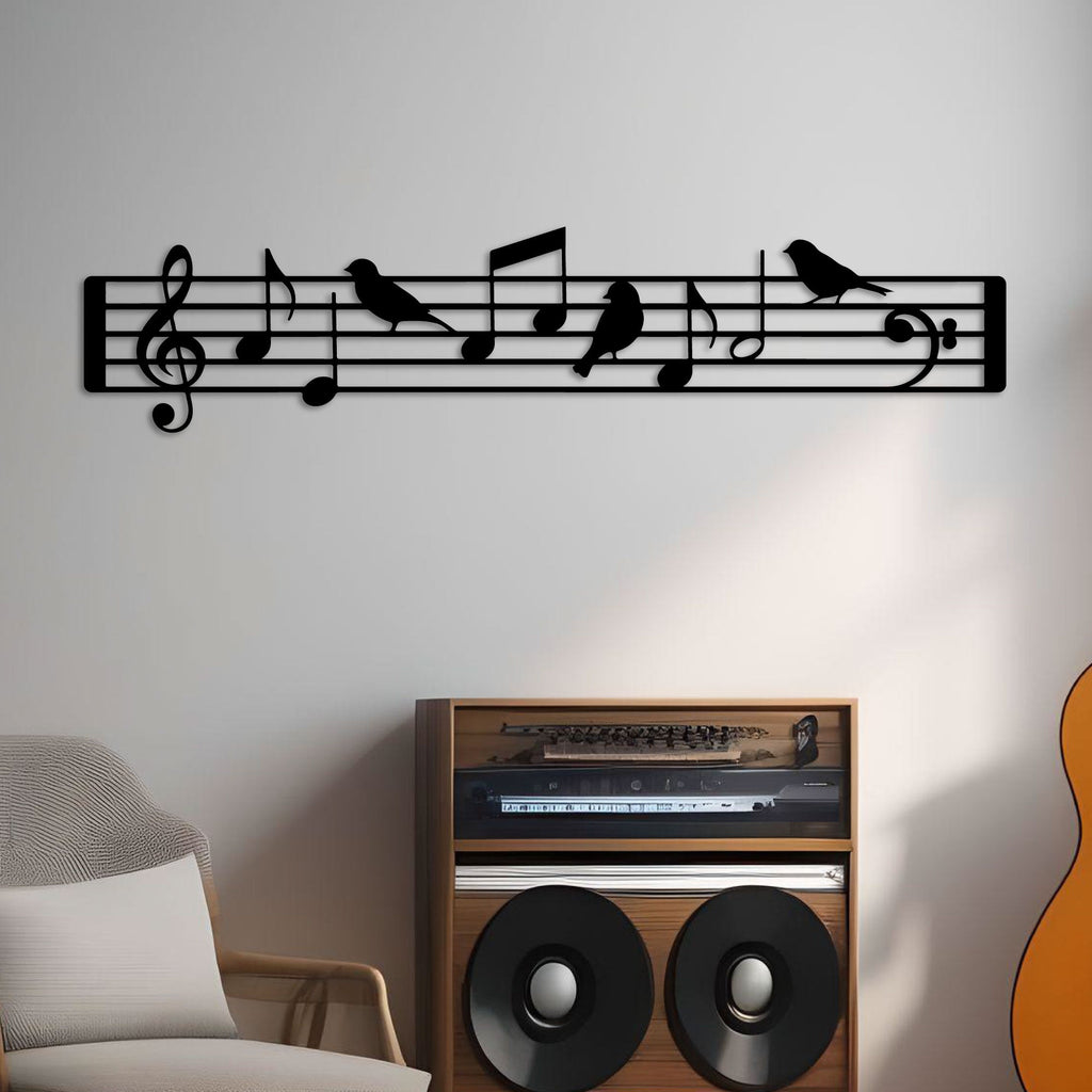 Portée musicale aux oiseaux en métal noir, déco panoramique