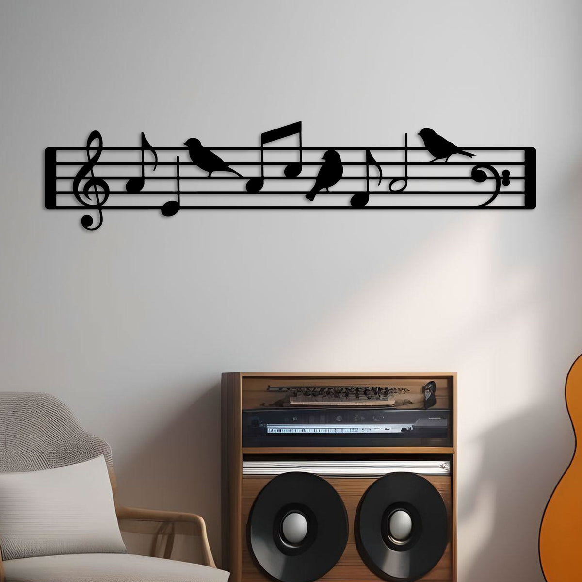 Portée musicale aux oiseaux en métal noir, déco panoramique