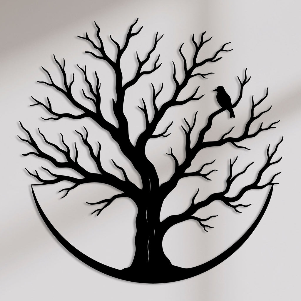 Arbre de vie rond en métal noir avec oiseau sur une branche