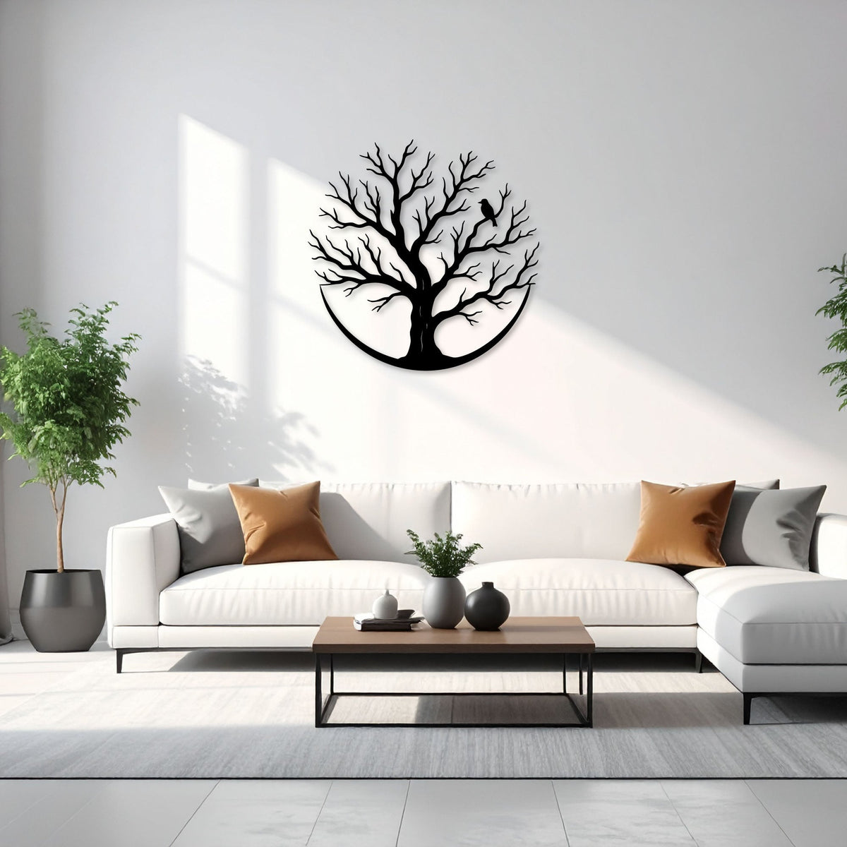 Arbre de vie rond en métal noir avec oiseau sur une branche, vue 2
