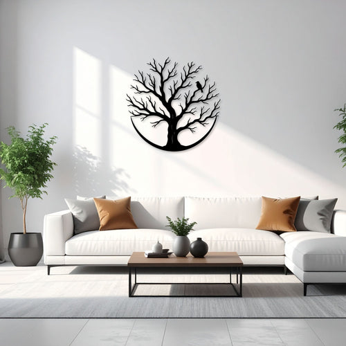 Arbre de vie rond en métal noir avec oiseau sur une branche, vue 2