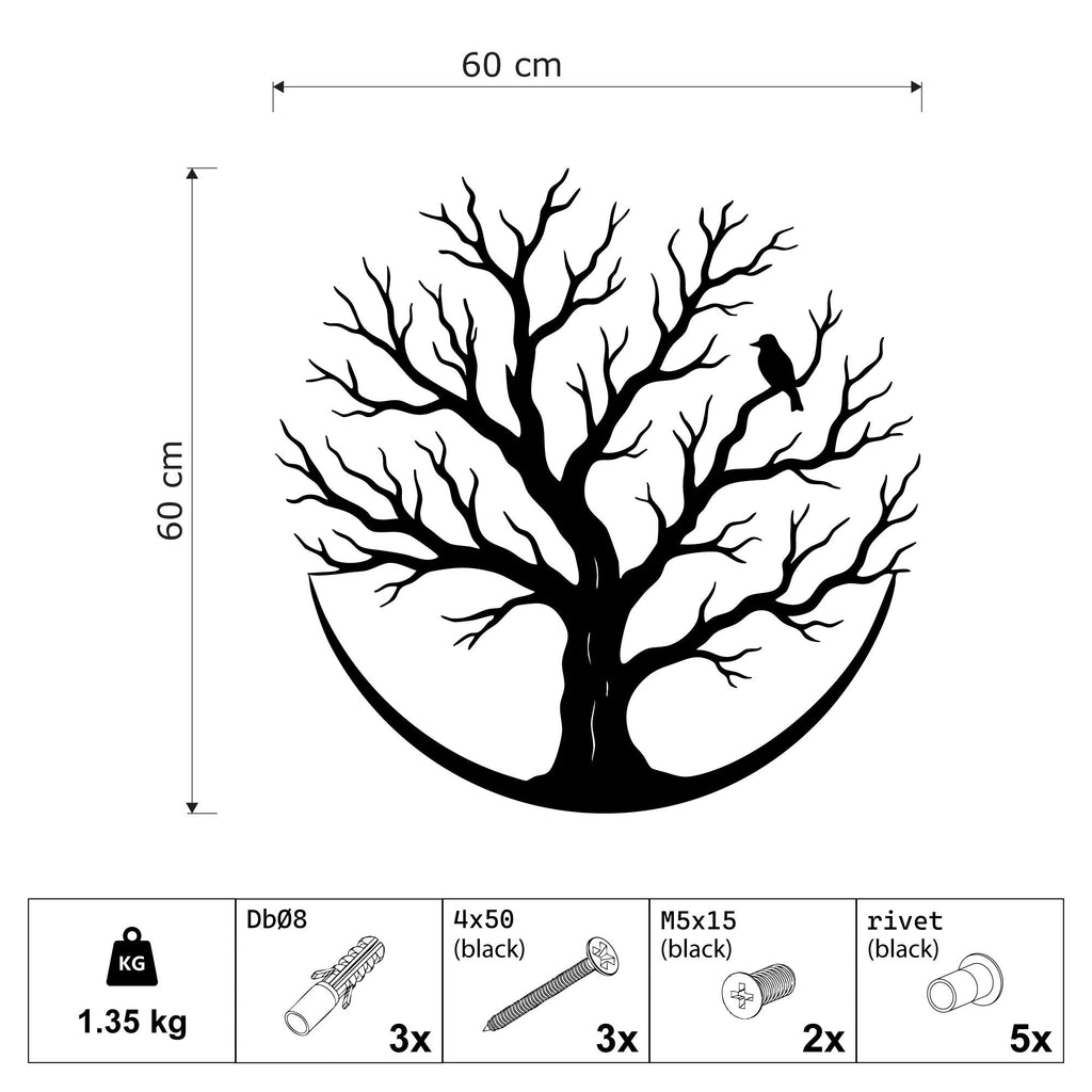 Arbre de vie rond en métal noir avec oiseau sur une branche, vue 4