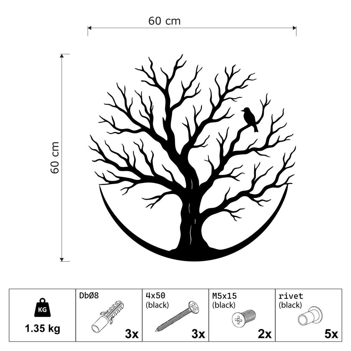 Arbre de vie rond en métal noir avec oiseau sur une branche, vue 4