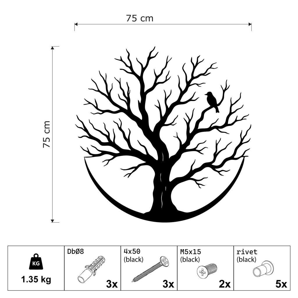 Arbre de vie rond en métal noir avec oiseau sur une branche, vue 5