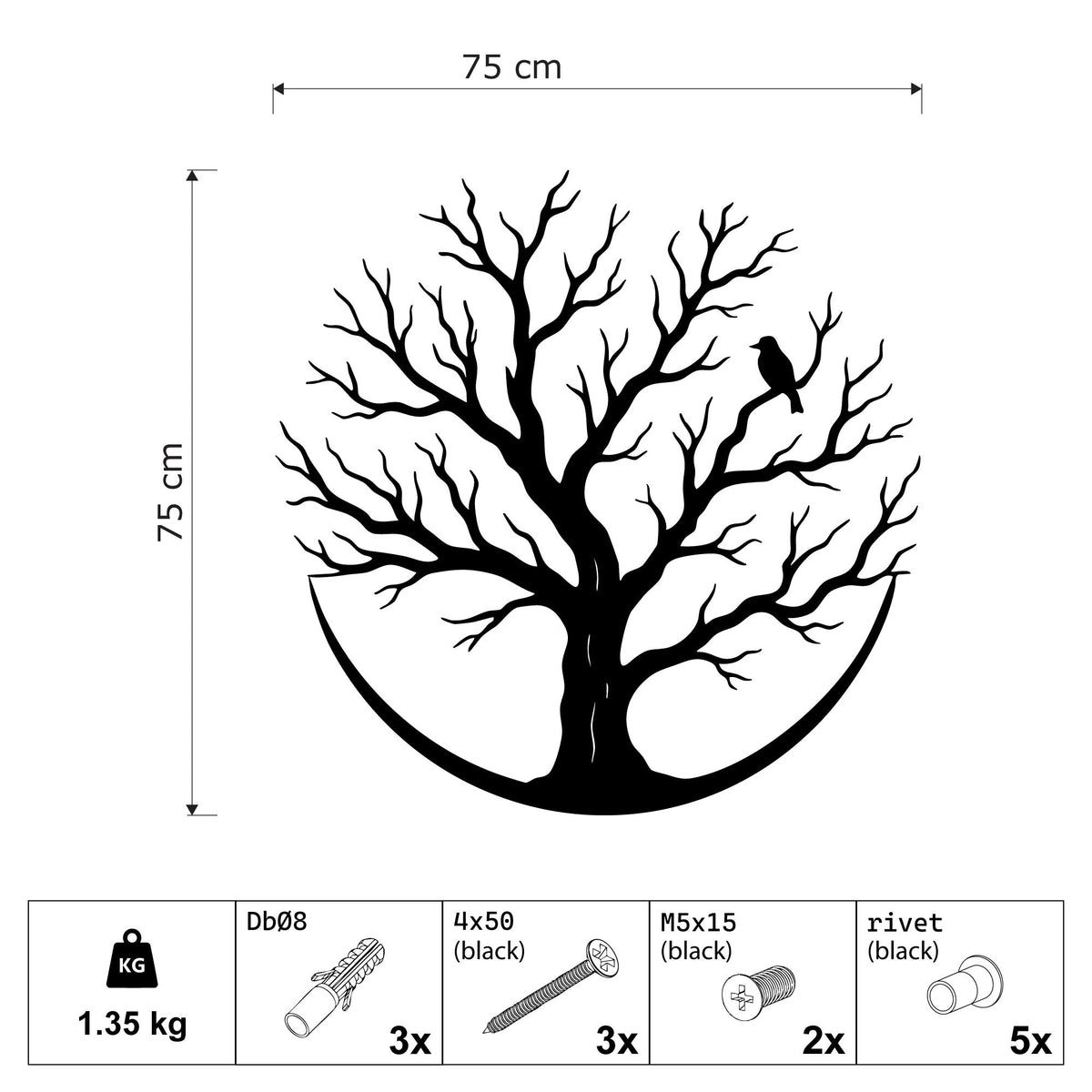Arbre de vie rond en métal noir avec oiseau sur une branche, vue 5