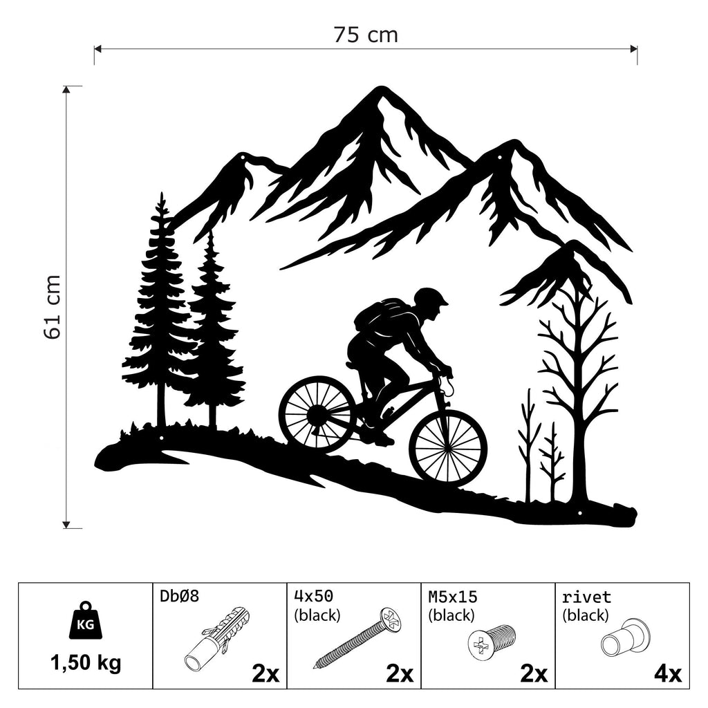 Cycliste en VTT dans la montagne, déco murale en métal noir, vue 4