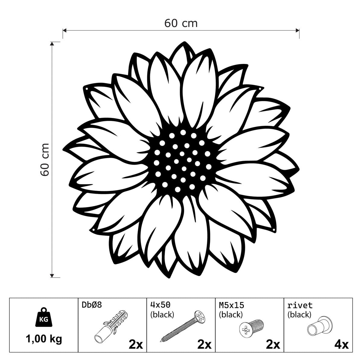 Tournesol rond en métal noir, déco murale fleur 60 cm, vue 4