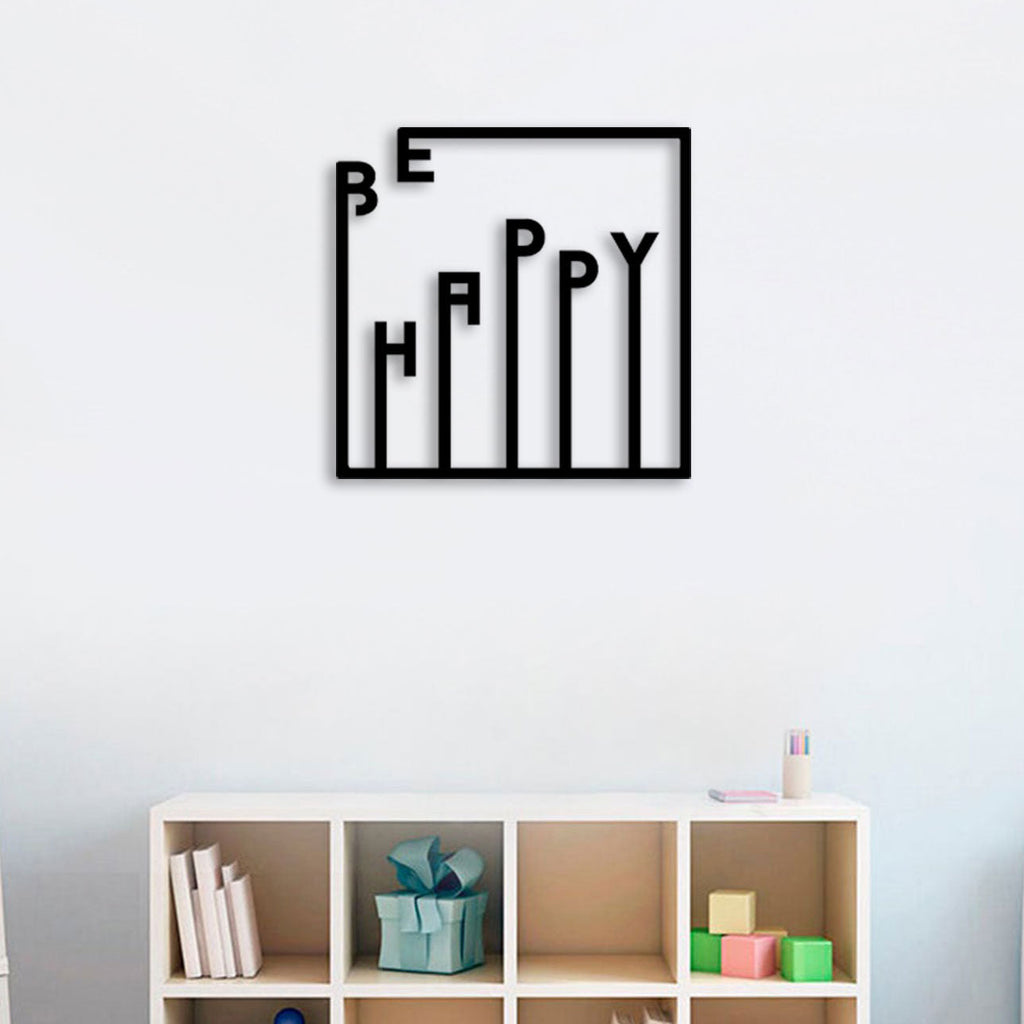 Be Happy en lettres de métal noir, cadre carré 40 cm, vue 2
