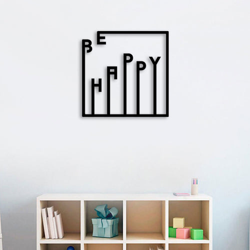 Be Happy en lettres de métal noir, cadre carré 40 cm, vue 2