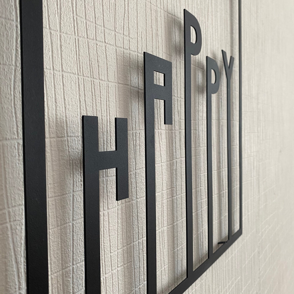 Be Happy en lettres de métal noir, cadre carré 40 cm, vue 4
