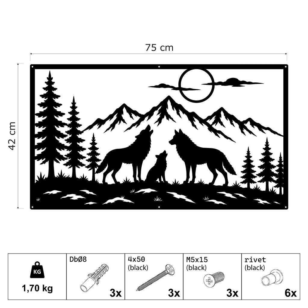 Famille de loups sous la lune en métal noir, déco murale, vue 4
