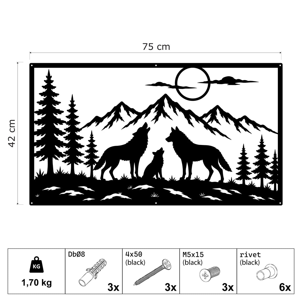 Famille de loups sous la lune en métal noir, déco murale, vue 4