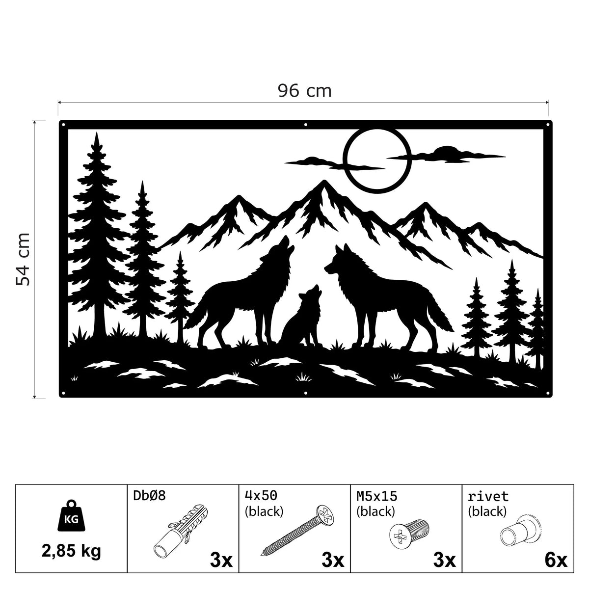 Famille de loups sous la lune en métal noir, déco murale, vue 5