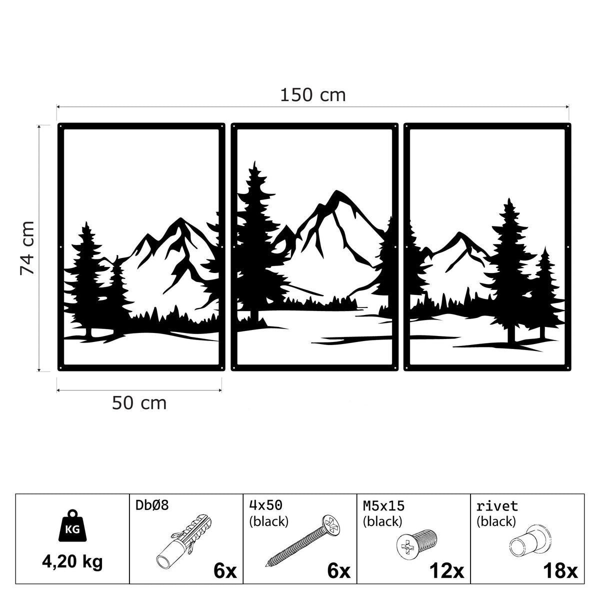 Triptyque montagne et sapins en métal noir, 3 panneaux, vue 4